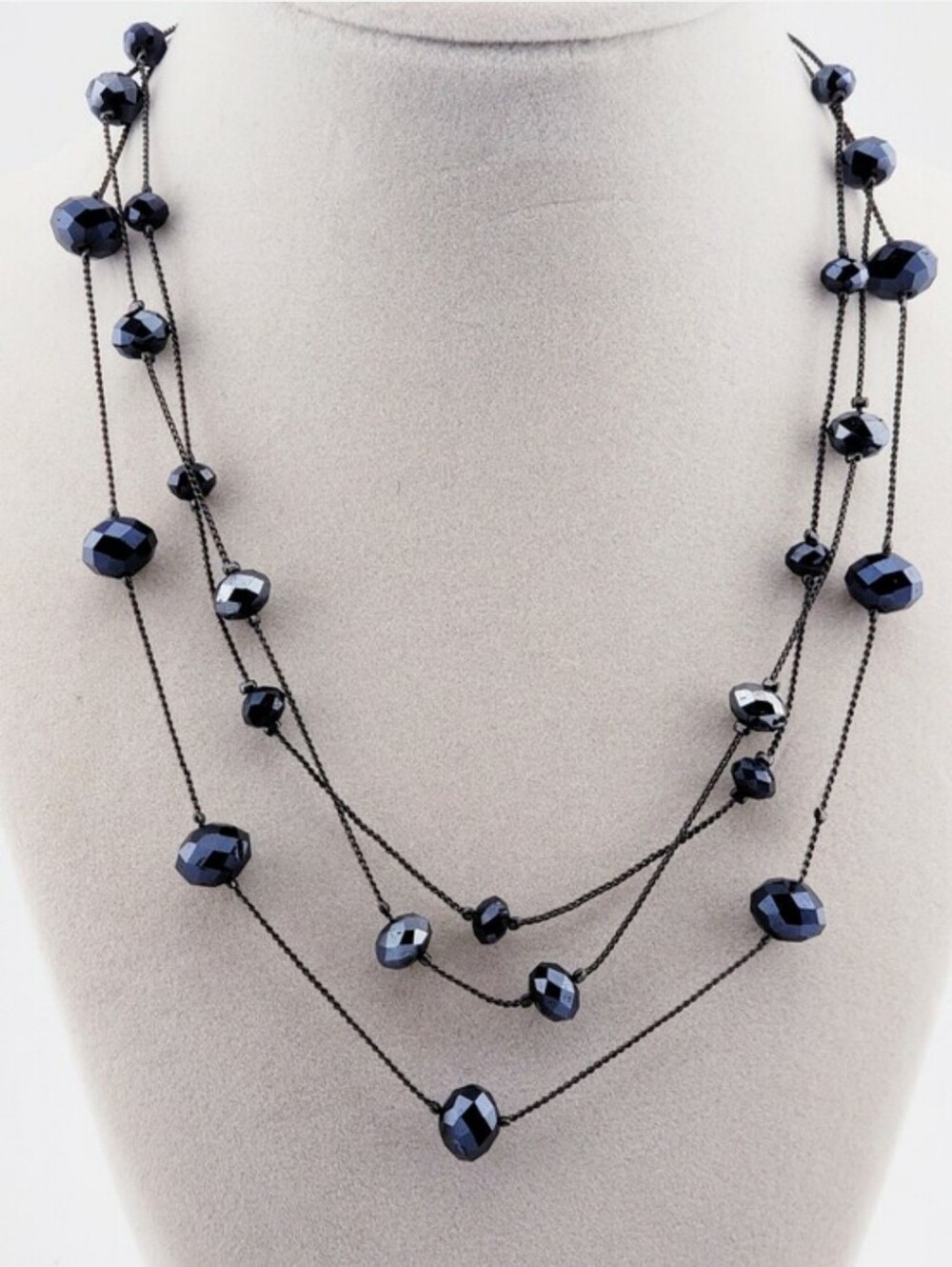 Multi Strand Faceted Black Beaded Floater Necklace